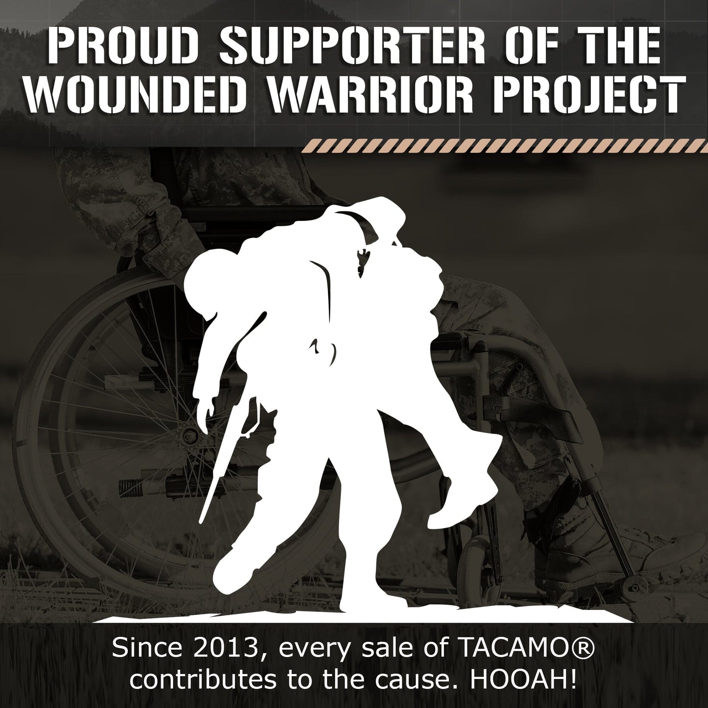 Wounded Warrior Product graphic explaining the TACAMO product line supports their cause