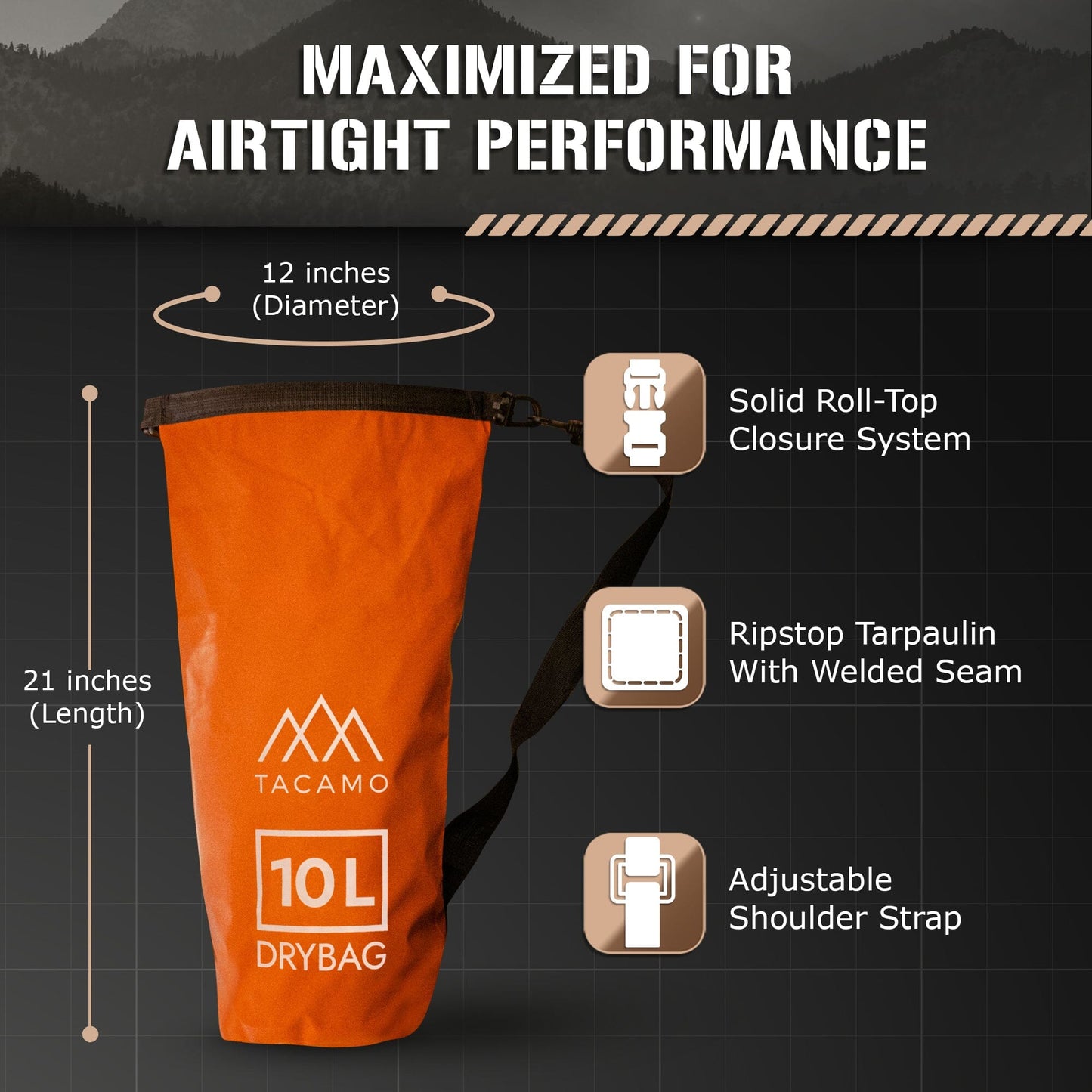 Orange TACAMO dry bag displaying airtight performance features