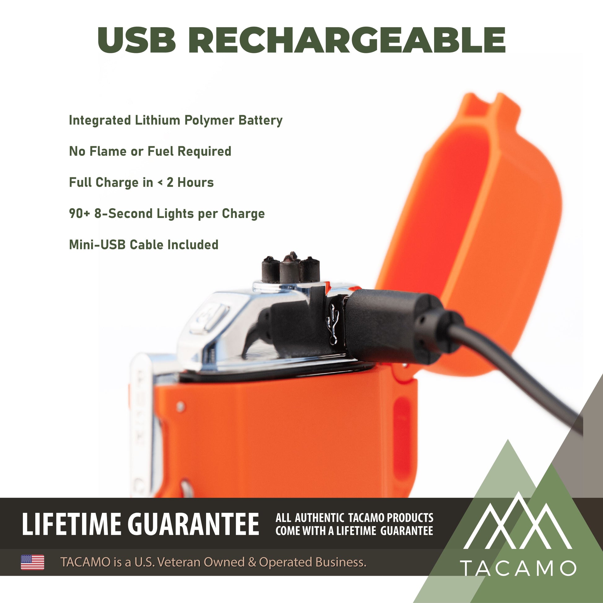 TACAMO H2 Electric Arc Lighter explaining USB recharging capabilitites with Lifetime Guarantee label