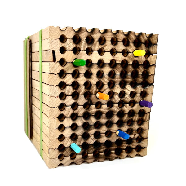 Front view of a 8mm resuable wooden mason bee tray with colored inserts