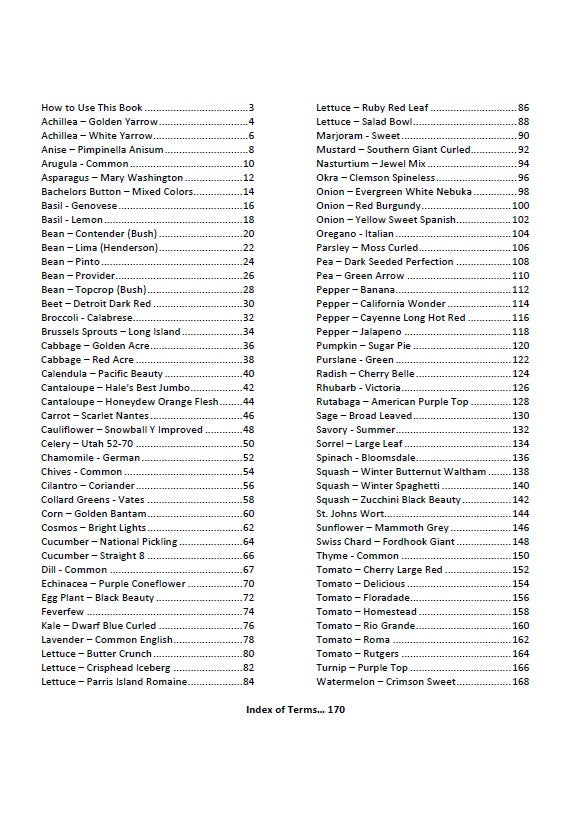 Table of contents of 'Growing and Seed Saving Guide' book