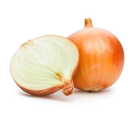 One half and whole Yellow Sweet Spanish Onion bulbs against a white background