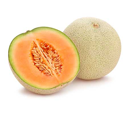 A ripe Hale's Best Jumbo cantaloupe cut in half to show the flesh