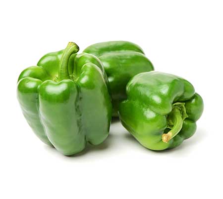 Two fully grown California Wonder peppers displayed on a white background