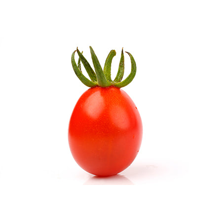 Close-up of single Roma heirloom tomato on a white background