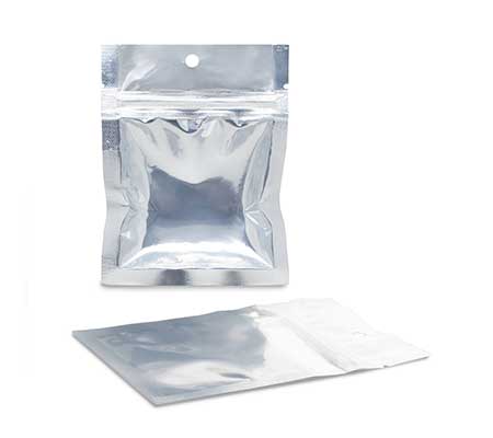 Two resealable, mylar pouches designed for gardening storage, isolated on a white background