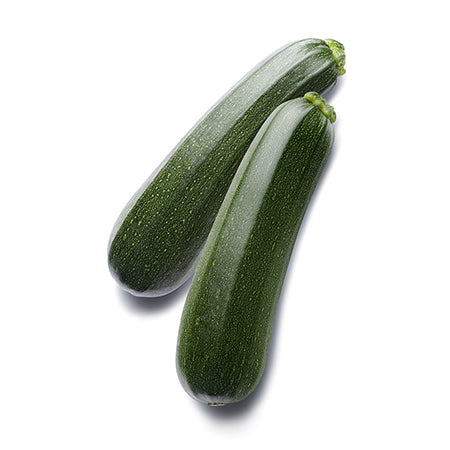 Two fresh fully grown Zucchini Black Beauty squashes on a white background